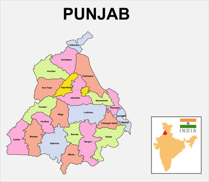 Punjab map. International and State boundary and district boundary of Punjab. Vector illustration of districts map.