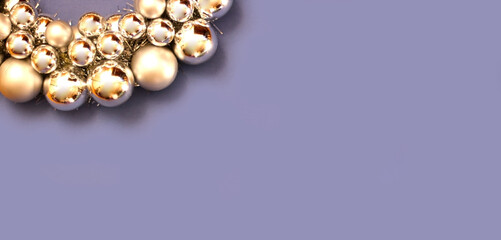 New year decorations on blue background. Flat lay, top view with copy space.  Banner size