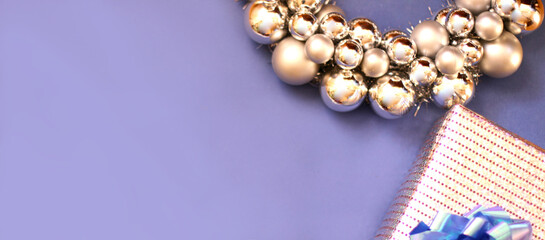 New year decorations on blue background. Flat lay, top view with copy space.  Banner size