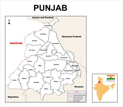 Punjab map. Political and administrative map of Punjab with districts name in white color. Showing International and State boundary and district boundary of Punjab. 