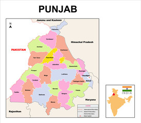 Obraz premium Punjab map. Political and administrative map of Punjab with districts name. Showing International and State boundary and district boundary of Punjab. Vector illustration of districts map.