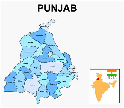 Punjab map. Political and administrative map of Punjab with districts name. Showing International and State boundary and district boundary of Punjab. Vector illustration of districts map.