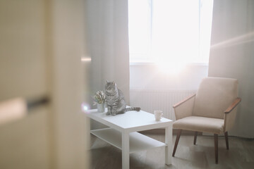 Funny cat on hygge background at home. Cozy Flatlay. Scandinavian style, hygge concept. Scottish straight cat indoors