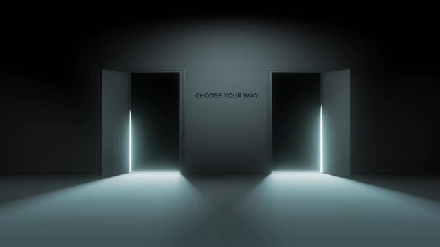 Choose your way. Two doors opening for choosing the way to follow. 3D rendering motion animation.