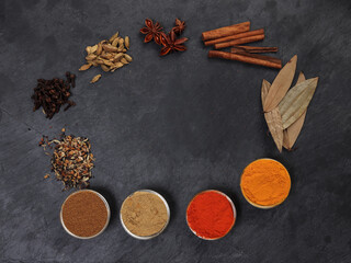 Mix variety spice cinnamon cardamom clove bay leaf wooden chilli cumin turmeric powered border frame copy text space on black slate background