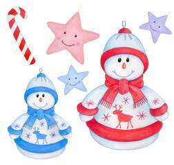 Cute cartoon Christmas Snowmen, white and red. Isolated hand drawn watercolor illustration. 