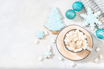 Hot winter drink. Cup of hot chocolate with marshmallows and gingerbread cookies on white background.