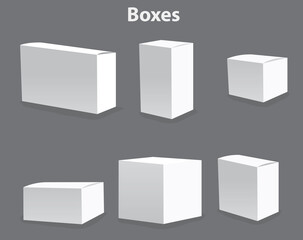 Blank vector mockups of boxes in different shapes and in perspective. Set of closed paper packaging containers for logistics and shipping. Collection of white cardboard clip art boxes. 