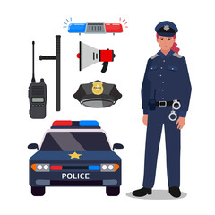 Clipart icons of main and important personal equipment of female officer in white background.
