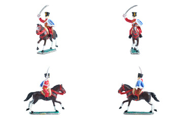 Fototapeta na wymiar 4 in 1 photo of handmade tin soldier with horse on the white background
