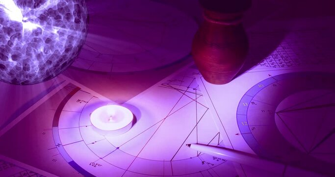 Workplace of a modern astrologer. Astrological charts, tables scattered on the table. A magic ball glowing with rays. The seething surface of an incandescent star.