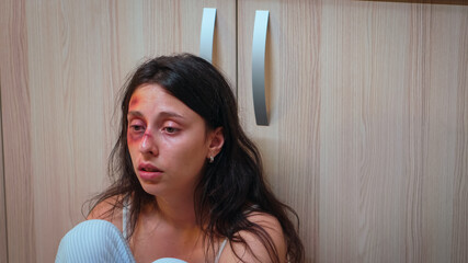 Abused lady being mentally traumatized by alcoholic man. Drunk aggressive husband abusing injuring...