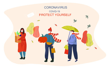 Autumn 2020 during Covid 19. Protect Yourself Outdoor.People Wearing Face Mask and Keep Distance to Prevent Coronavirus in Park.Rainy Weather under Umbrella at Fall sesons.Flat Vector Illustration