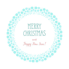 Merry Christmas and Happy New Year. Winter holiday greeting card. Circle frame made of snowballs isolated on a white background. Vector 10 EPS.