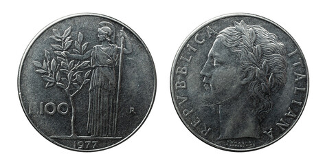 Italian 100 lire coin from 1977 representing goddess Minerva facing left reaching an olive tree with her raised right hand while in the left holds a long spear. Obverse and reverse sides.