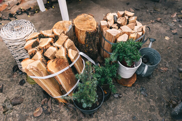 Firewood stack for Christmas fire on the backyard.