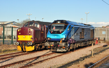Fototapeta na wymiar Classes 37 and 68 diesel locomotives at York