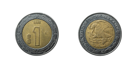 1998 coin from Mexico 1 Nuevo Peso obverse and reverse.