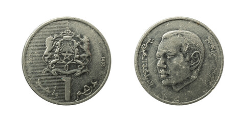 1 Dihram coin from Morocco with crowned arms with supporters, year 2012, obverse and reverse.