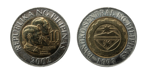Philippines 10 Piso coin isolated macro shot with Apolinario Mabini and Andres Bonifacio. Coined in 2002.