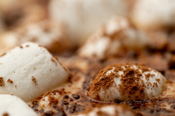 Closeup of a cup of hot cocoa chocolate sprinkled on a marshmallow closeup macro
