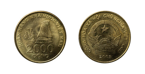 Vietnam 2000 Dong coin from 2003 representing Highland Stilt House in Tay Nguyen, obverse and reverse.