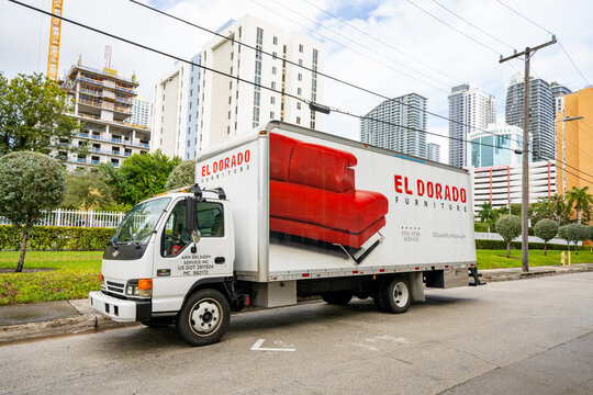 Brickell Miami, FL, USA - November 27, 2020: Photo of an El Dorado Furniture moving and delivery truck Brickell Miami