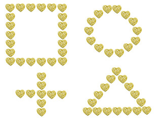 Circle, square, triangle, cross or plus sign made of gold hearts isolated on a white background.