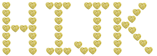 Letters H I J K made of gold hearts isolated on a white background. Beautiful font for holiday invitations, wedding invitations, greeting cards and headlines.