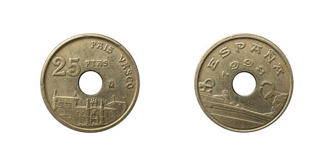 Old spanish 25 pesetas coin from 1993 with the facade of the Oñate University and a hole in the center.