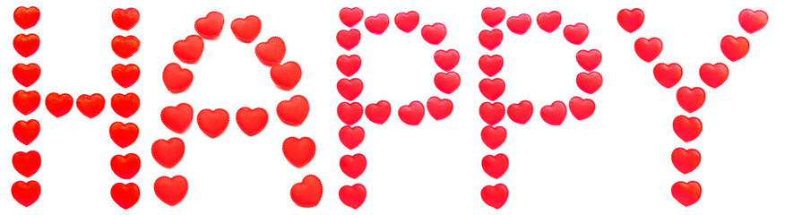 The word "happy" is written with a letter of red hearts isolated on a white background. Happy relationship. Design of a love card, wedding invitation.