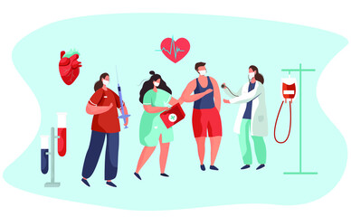 Blood Transfusion and Donate Blood.Volunteer Donating Blood and Transfusion Donation Laboratory in Coronavirus.World Blood Donor Day.Doctor Carrying Test Tubes with Lifeblood.Flat Vector Illustration
