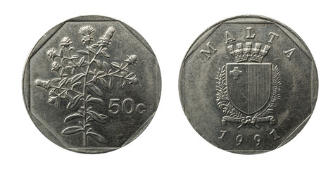 Malta 50 cents of Lira coin macro isolated obverse and reverse shot, year 1991.