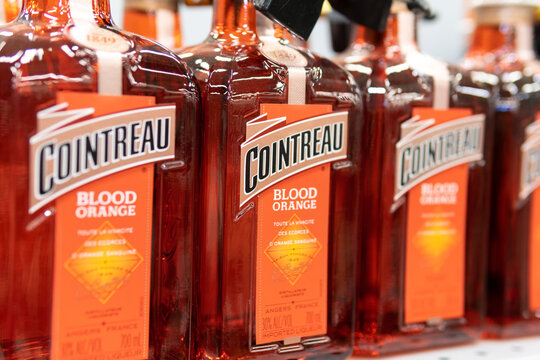 Tyumen, Russia-November 22, 2020: Cointreau liqueur bottle close up blood orange selective focus