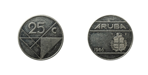 25 cents coin from Aruba with its coat of arms embossed on it, year 1986.