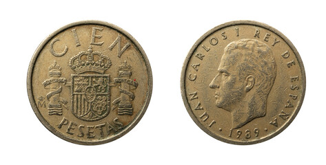  Cien pesetas coin of Spain of the year 1989 obverse and reverse with the portrait of Juan Carlos I King of Spain.