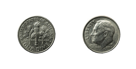 USA One Dime coin from 2005 obverse and reverse.