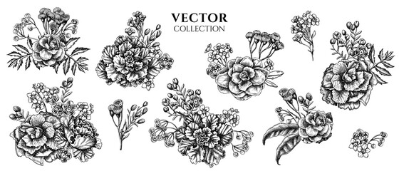 Flower bouquet of black and white wax flower, forget me not flower, tansy, ardisia, brassica, decorative cabbage