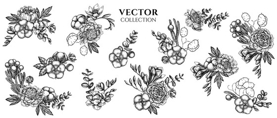 Flower bouquet of black and white ficus, eucalyptus, peony, cotton, freesia, brunia