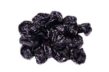 Raw organic prunes, dried plums, smoked prunes close-up isolated on white background.