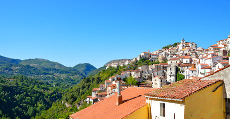 Fototapeta na wymiar Panoramic view of Rivello, a village in the mountains of the Basilicata region, Italy.
