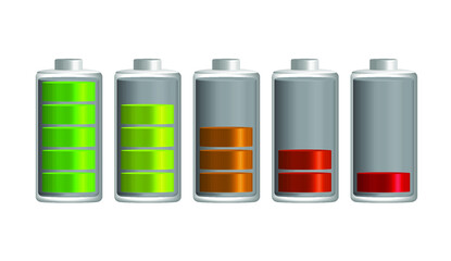 Vector image. Charging battery icon. Different states of charge. Black background.