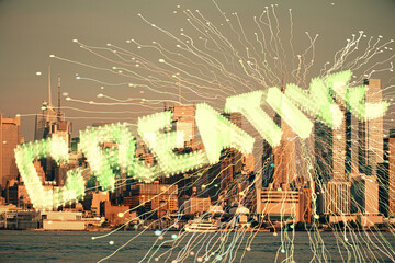 Double exposure of start up theme drawings over cityscape background. Concept of success.