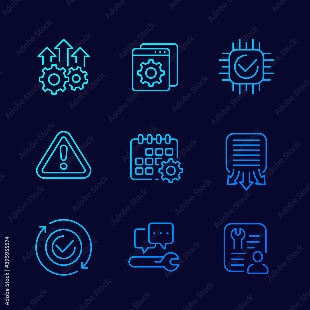 Wall mural development, hardware, service and protocols line icons, vector set