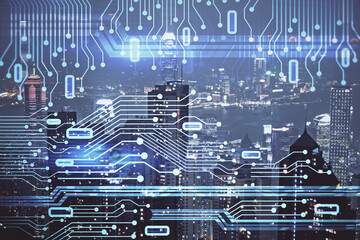 Data theme hologram drawing on city view with skyscrapers background double exposure. Ai concept.