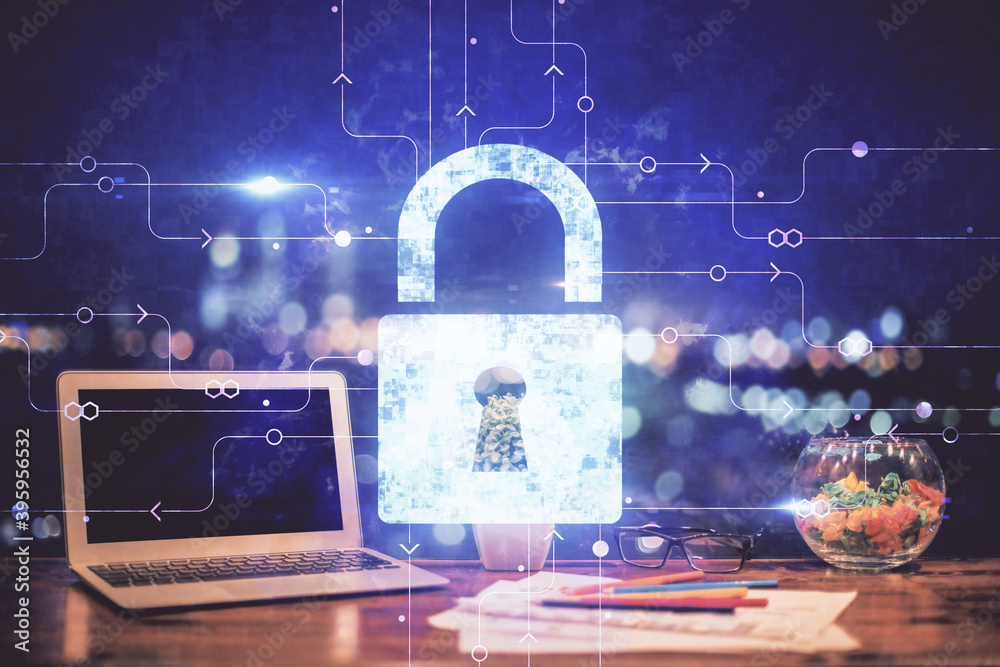Poster Double exposure of desktop with computer and lock icon hologram. Concept of data safety.