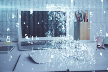 Double exposure of desktop with personal computer on background and tech theme drawing. Concept of Bigdata.