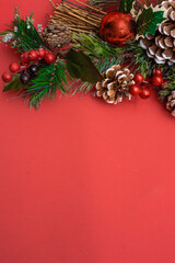 Fototapeta na wymiar Christmas decoration pine branch in snow, berries and pine cone on red background. Frame for cards