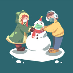 Two kids wearing a sanitary mask building snowman with mask and scarf to prevent flu, disease, pandemic together cartoon character flat vector illustration isolated. Merry Christmas and Happy New Year