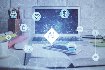 Multi exposure of desktop computer and technology theme hologram. Concept of software development.